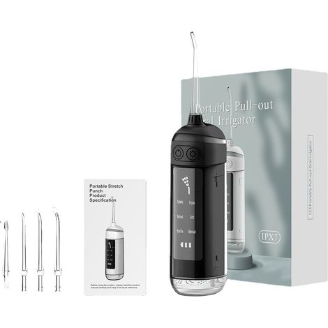 Hydropulseur dentaire sans fil – 4 modes de nettoyage – 4 buses interchangeables – IPX7 étanche – Pression d'eau 30-140 psi – Autonomie 25-50 jours