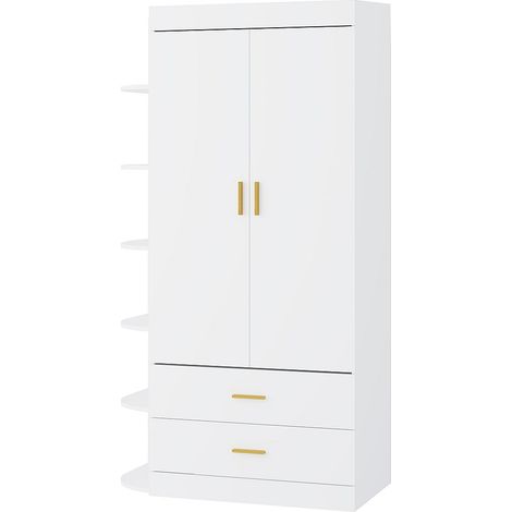 Vente-Unique – Armoire 2 portes 2 tiroirs et 6 étagères – Longueur 100 cm – Hauteur 180.2 cm – Panneau de particule blanc et doré (1/4)