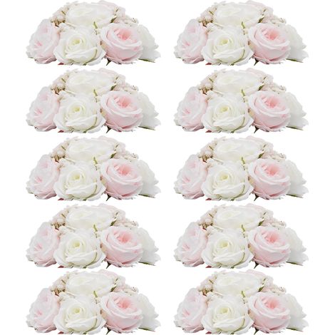 Lot de 10 boules de fleurs artificielles, centre de table mariage, roses en soie, arrangement floral pour table, décoration de fête, réception et évènement (blanc, rose clair, vert) (1/5)