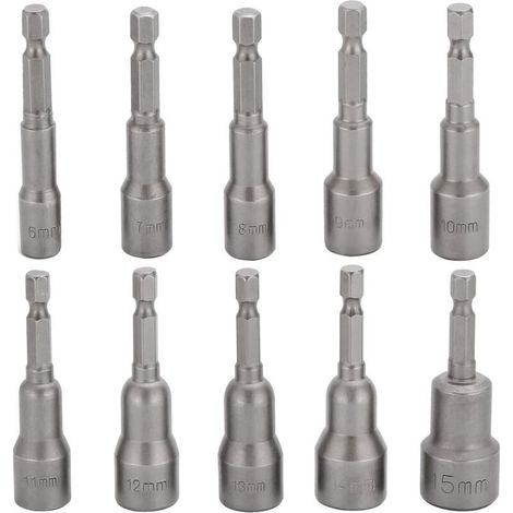 VURAHOME -Jeu de 10 embouts de clé à chocs 6-15 mm Jeu de douilles hexagonales magnétiques Jeu d'embouts magnétiques Jeu de douilles hexagonales 1/4" pour mandrin à changement rapide (1/5)