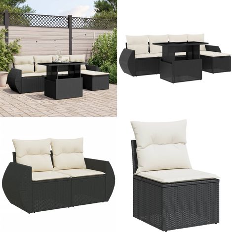Salon de jardin 6 pcs avec coussins noir résine tressée - Ensemble Salon De Jardin - Meuble Extérieur - Jardin Design - Mobilier De Jardin - Set Salon De Jardin - Home & Living (1/5)