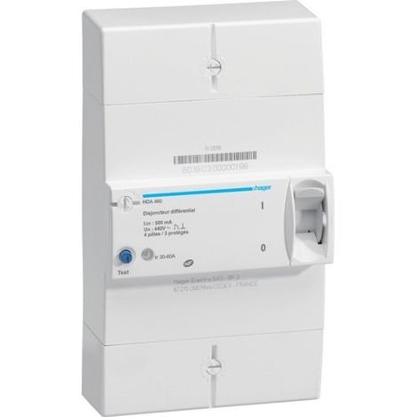 Hager – Disjoncteur différentiel 4P 30/60A 500mA instantané – Protection IP20 – Tension 440V AC – HDA460 (1/3)
