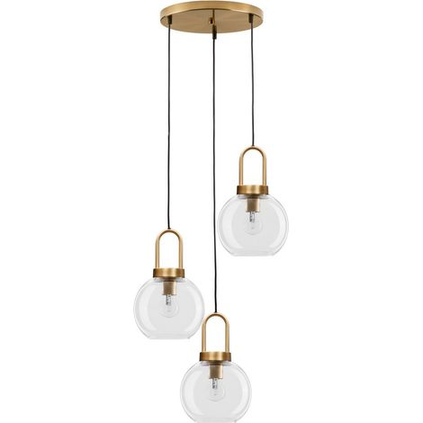 Merano Kansas Plafonnier suspendu à 3 lumières en verre transparent Cordon noir Laiton Métal doré LED E27