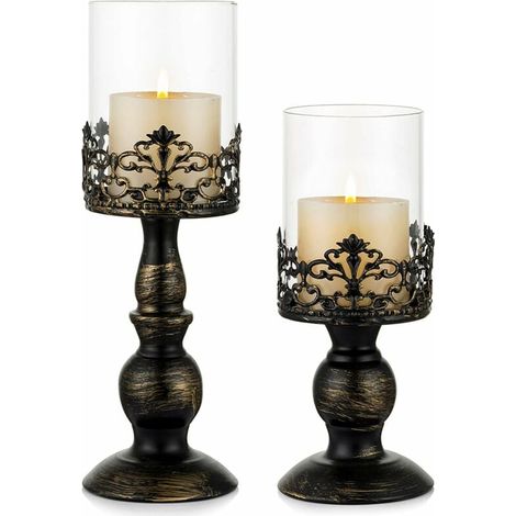 Bougoire Chandelier en Ouragan Noir en Détresse Vintage 2pcs, Socle Polyvalent en Verre de Piédestal Métallique Base Décoration Cheminée 27cm & 33cm (1/5)