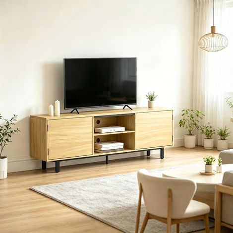 Mueble para TV de hasta 65 pulgadas, mueble para TV con 2 puertas de apertura por presión y 2 estantes abiertos, mueble para TV para sala de estar (1/5)