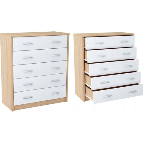Buffet avec 5 tiroirs Blanc / Sonoma - Meuble de Rangement Style contemporain - 74 x 35 x 85 cm (1/5)
