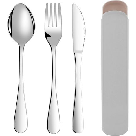 Set de couverts 3 pièces avec étui : fourchette, couteau, cuillère. Acier inoxydable, vaisselle et voyage. (1/5)