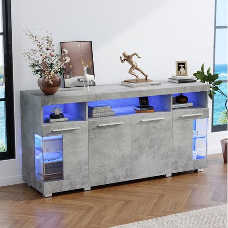 Buffet 140x40x70 cm gris ciment en MDF et verre trempé avec LED et grand espace de rangement (1/5)