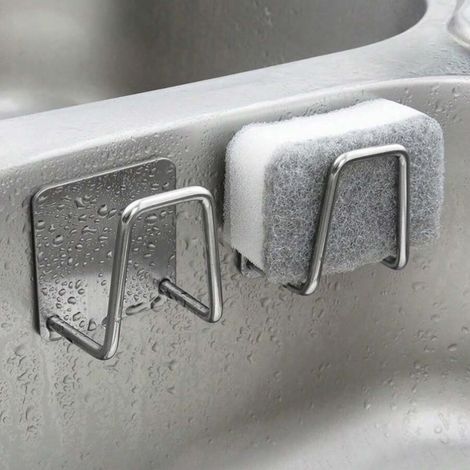 Porte-éponges en acier inoxydable 2 pièces sans perçage - support d'égouttage auto-adhésif avec bac de récupération, convient aux éponges et brosses (1/5)
