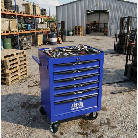 Carrello da officina mobile in acciaio, 6 cassetti, con serratura, nero e blu DESVIAE (1/5)