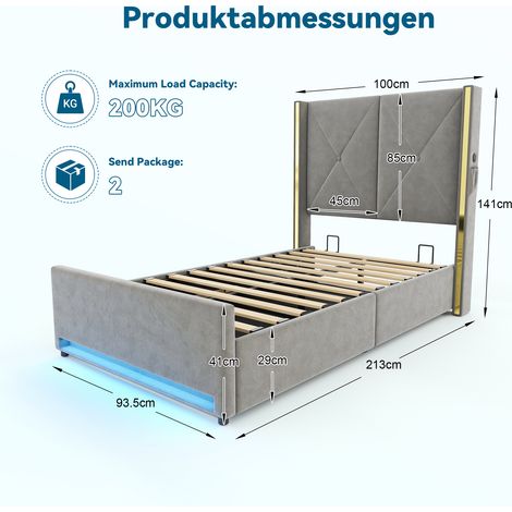 Lit en velours 90×200 cm avec tête de lit haute matelassée, rangement hydraulique, poches latérales, USB et LED – design élégant & confort (1/4)