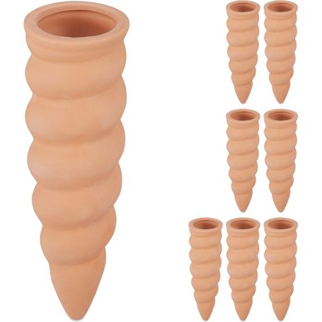 Relaxdays Watering Cones, Set of 8, for 1.5 Litre Bottles, Curved Design, Clay, Irrigation for Houseplants, Terracotta