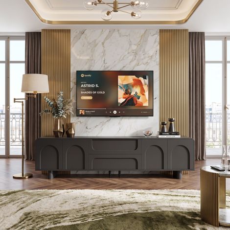 Creahappy Meuble TV 180x40x46 cm avec Rangement - Bords Arrondis et Passe-Câbles - Style Contemporain Noir 4 Portes et 2 Tiroirs (1/5)