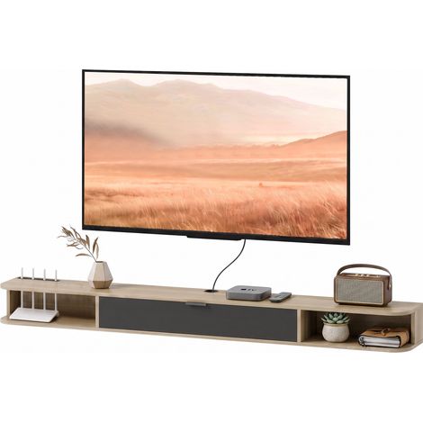 Meuble TV suspendu, meuble télé pour téléviseur jusqu'à 75 pouces, tiroir rabattable 2 étagères 180x24x16cm bois naturel (1/5)