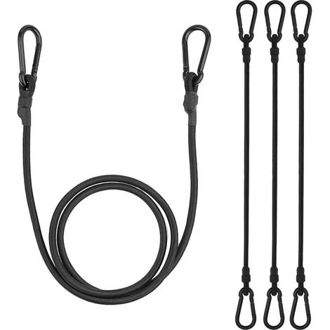 Elastische Bungee-Seile, 150 cm elastisches Bungee-Seil, 4er-Pack, robuste 8 mm Durchmesser Bungee-Seile mit Karabiner, schwarzes Haken-Bungee-Seil. (1/5)