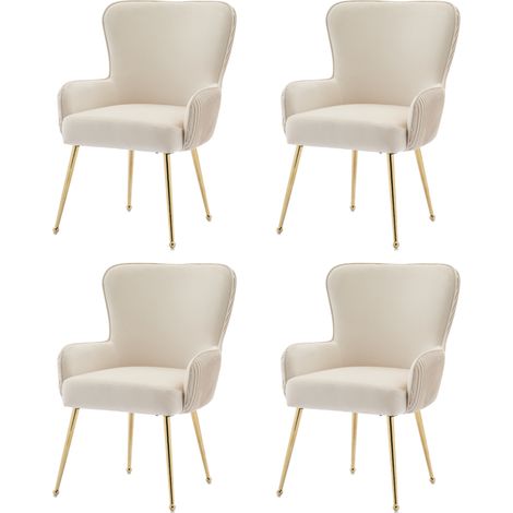 Set de 4 sillas de comedor de terciopelo beige con reposabrazos y patas de metal dorado (1/5)