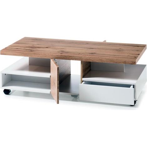 Table basse avec rangements en bois chêne laqué blanc mat - L.120 x H.40 x P.60 cm -PEGANE-