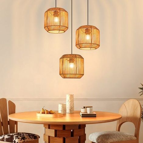 GBLY Pendelleuchte Boho Rattan Hängelampe E27 Höhenverstellbar Retro Esstischlampe Für Esszimmer Wohnzimmer Ohne Leuchtmittel