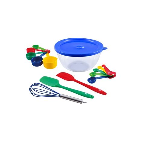 SET 14 PIEZAS PARA REPOSTERÍA (BOL + CUCHARA + ESPÁTULA + BATIDOR + 5 TAZAS DE MEDICIÓN + 5 CUCHARAS MEDIDORAS), EN BOROSILICATO Y SILICONA