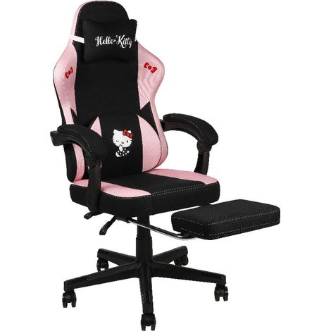 Chaise gaming de bureau Konix Hello Kitty à coussin lombaire mémoire 0-150° avec repose-pieds noir/rose