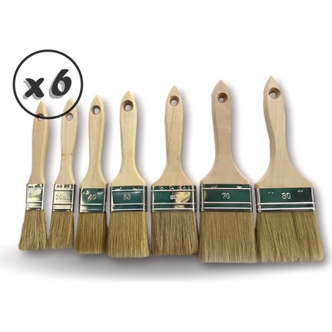 Assortiment de 7 pinceaux à vernir série pro épaisse  Lot de 6  Largeurs 25-30-40-50-60-70-80 mm  Soie blanche extra  Manche bois  Multi support  Peinture vernis lasure  Kibros 323x7divx6 (1/5)