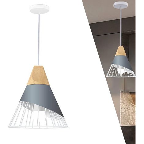 Suspension Moderne Industrielle Bois Suspension Luminaire Abat-Jour En Métal Plafonnier E27 Lustre Simple cage Créatif Réglable Pendante Fer Pour Salon Chambre Salle À Manger Cuisine Salon (gris) (1/5)