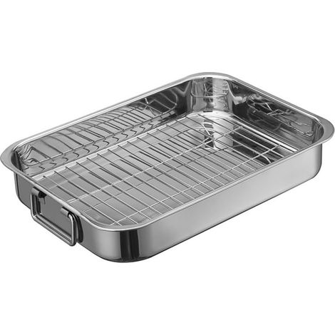 Bräter und Rack mit Griffen, Edelstahl Ofen Rösten Zinn, kleine Bratpfanne Röster mit flachen Rack, Backofen Backform, 25x18x5cm (1/3)