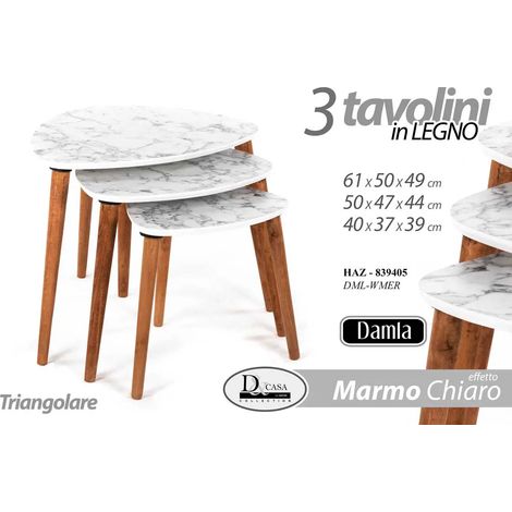Set de 3 tables d'appoint Damla en MDF effet marbre blanc, dimensions 61 x 50 x 49 cm, 50 x 47 x 44 cm, 40 x 37 x 39 cm.