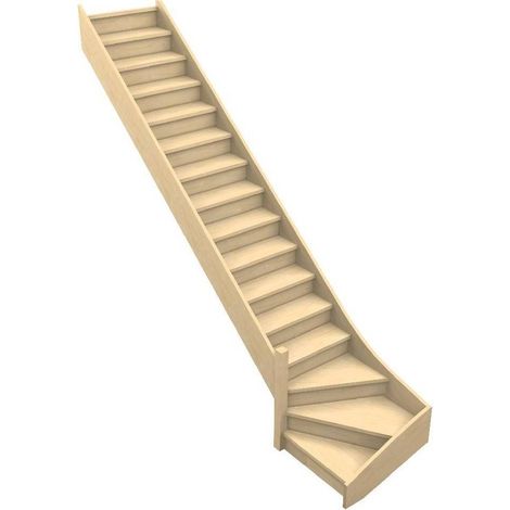 Levigne – Escalier quart tournant bas confort 288 cm – Hauteur de marche 18 cm – Giron 22 cm – Encombrement 351 cm – Avec contremarches