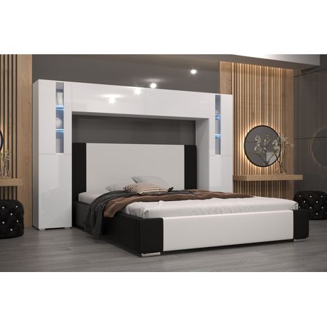 Viva – Tête de lit armoire PANAMA – Design moderne blanc brillant – Largeur 256 cm, hauteur 184 cm, profondeur 35 cm – Structure en panneau de particules