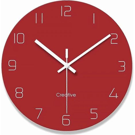 Horloge murale décorative à quartz silencieux, ronde, sans tic-tac, à piles, en verre, 30 cm (12 pouces) - Rouge (1/5)