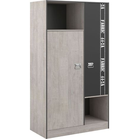 Armoire 2 portes aspect bois grisé avec 1 porte anthracite sérigraphiée - ZIGGY (1/5)