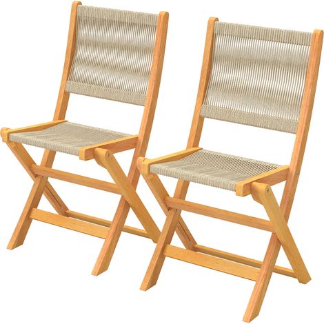 Lot de 2 chaises pliantes jardin balcon bois acacia FSC corde tressée beige 50x50x80 cm