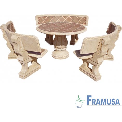 CONJUNTO COMEDOR PIEDRA CIRCULAR JARDIN CASTAÃƒâ€˜O TOSTADO AZULEJOS CON RESPALDO OCRE