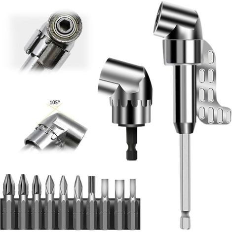105° angled screwdriver adapter, 2025° angled screwdriver bit with multi-function screwdriver bit, 6.35 mm hex shank, for garage and construction site (short and long) (1/5)