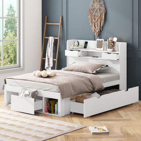 Lit simple enfant 90x190cm avec usb prises et rangements intégrés - pin et mdf - blanc (1/5)