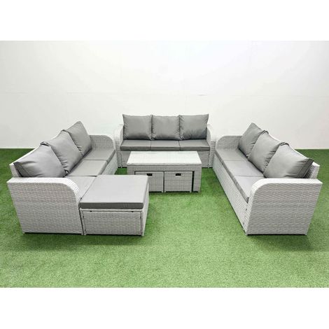 Fimous PE Rattan Lounge Sofa Set 12 Seater Outdoor Garden Furniture Set with Oblong Coffee Table 3 Seater Sofa 3 Stools Light Grey (1/4)