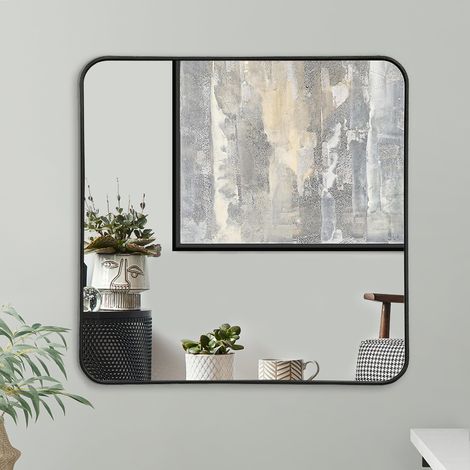 Miroir Carré Mural Noir 81 cm Coins Arrondis - Décoration Murale pour Salle de Bain, Chambre et Salon - Miroir Encadré avec Crochet Intégré (1/5)