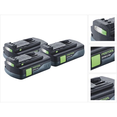 Festool Akku Set 3x BP 18 Li 3,0 C Akku 18 V 3,0 Ah / 3000 mAh Li-Ion ( 3x 577658 ) mit Ladestandanzeige