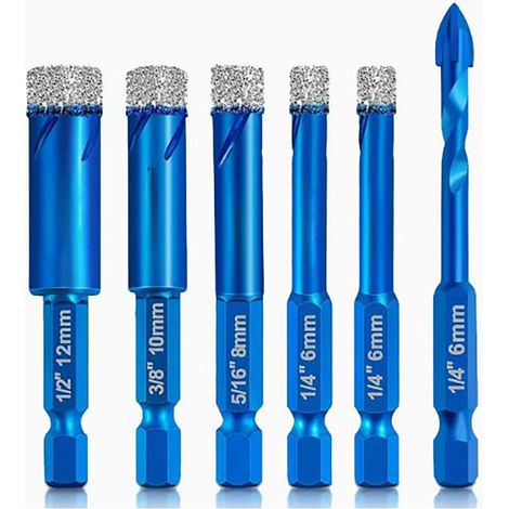Lot de 6 forets diamantés avec tige hexagonale, forets pour carrelage, kit de forets diamant pour perçage à sec ou humide, scie cloche (1/5)