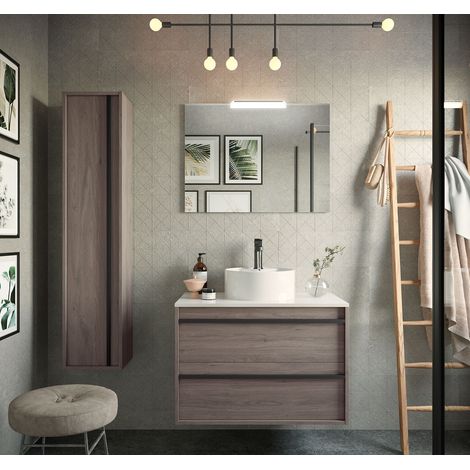 80 cm hängender Badezimmerschrank aus Eternity-Eichenholz mit Waschbecken – Astoria - 80 cm Mit Doppelsäule Lampe - Misura: 80 cm - Accessorio: Con specchio e lampada LED