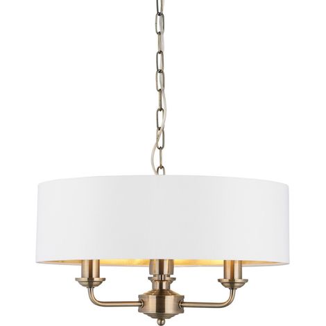 Endon Highclere Plafonnier suspendu à un seul abat-jour, plaque en laiton antique, tissu blanc vintage (1/5)