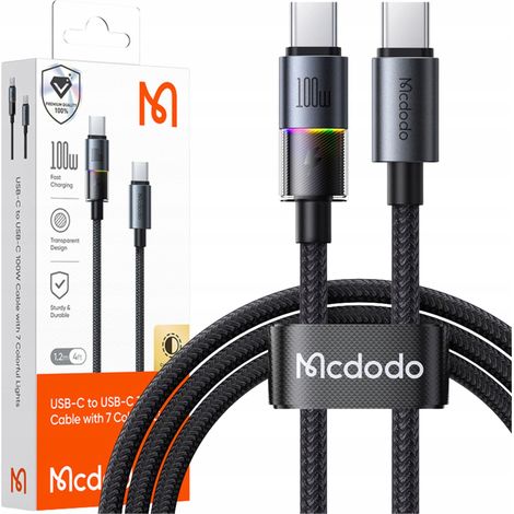 MCDODO USB-C-Kabel für schnelles Laden von Smartphones, Typ C, 100 W, 1 m, LED, Schwarz