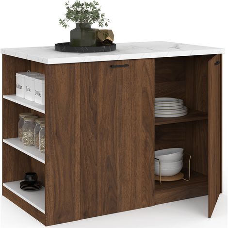 Ilot central TIBO 120 cm bois foncé effet noyer avec plan de travail effet marbre ALASKA