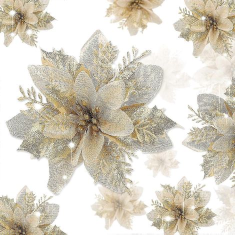 12 flores artificiales de Nochebuena, flores navideñas con purpurina para bodas, fiestas y decoración navideña (doradas) (1/5)