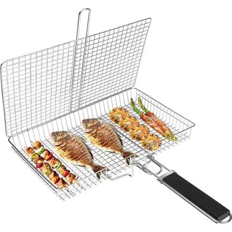 Grand panier/grille à griller portable et pliable pour poissons, légumes, crevettes et accessoires de grillade (1/5)