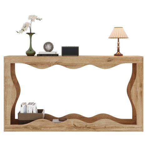 Console ondulée double étage aspect bois 160,5cm, table déco salon couloir