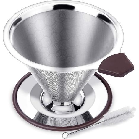 Filtre à Café Permanent en Acier Inox, Filtre à Café sans Papier pour Faire du Café Manuel, Goutteur de Café Réutilisable avec Double Maille en Inox et Anse en Silicone (1/5)