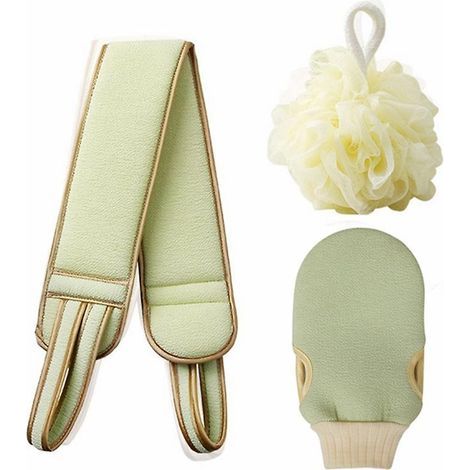 El juego de toallas de baño de tres piezas, combinado con bolas de baño exfoliantes para la espalda, proporciona una exfoliación efectiva. (1/4)