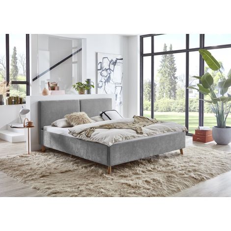 Meise Möbel Polsterbett Piano 160x200 cm Doppelbett Bettgestell Kopfteil mit tiefem Einzug Strukturstoff Grau Holzfuß eichefarbig (1/5)